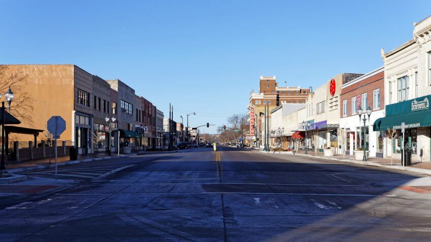Manhattan, KS, USA - February 8, 2015: The downtown district of Manhattan, Kansas.