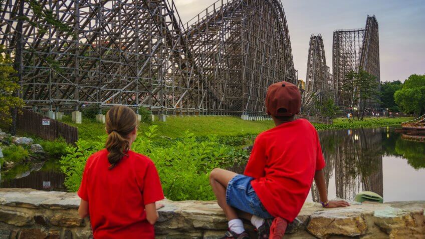 NEW JERSEY USA - JUNE 20 2016: The beautiful Six Flags Great Adventure amusement park with the reflections of El Toro roller coaster at New Jersey, USA.