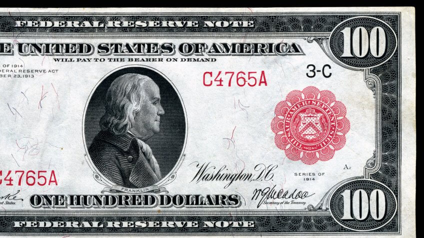 $100, 1914, Benjamin Franklin, bills, cash, hundred, money, old money