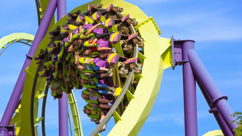 VALLEJO, CALIFORNIA, USA JUNE 14th, 2016: Roller coaster Medusa is steel, 3,937 feet high, the longest and highest coaster in Northern California at Six Flags Discovery Kingdom.