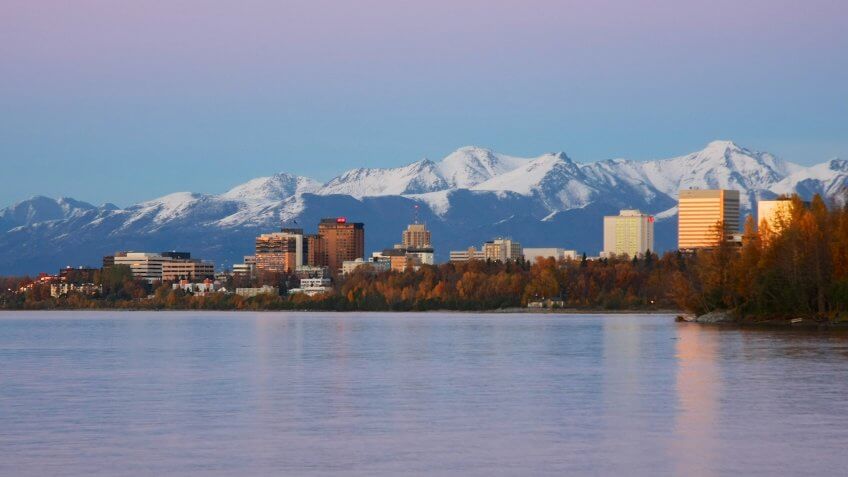 Evening view of Anchorage Alaska and Cook Inlet in the Fall.
