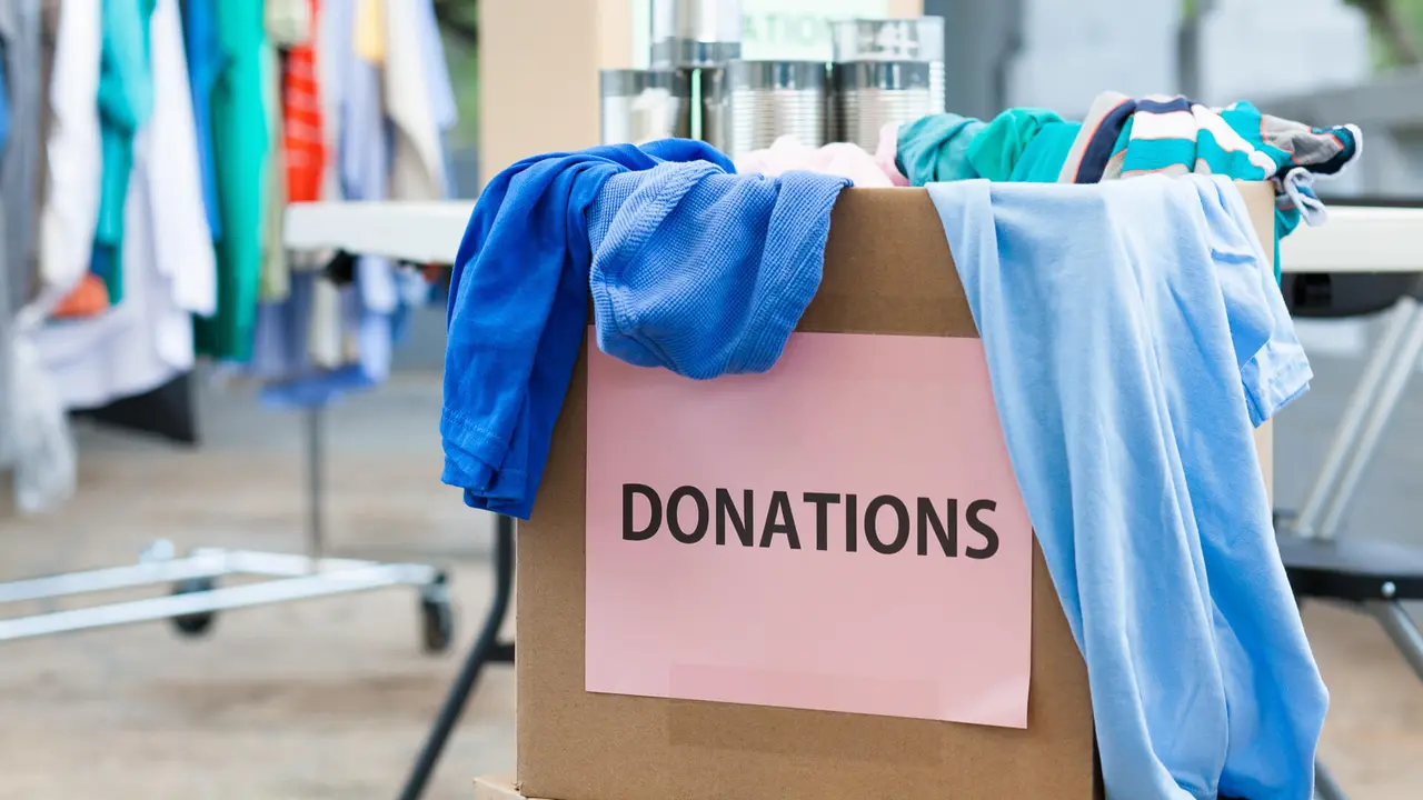 Box of donations at a donation center.
