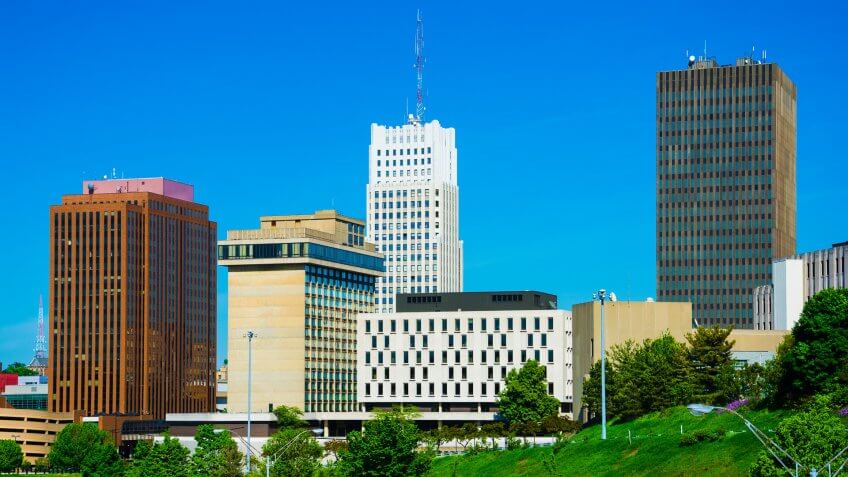 Akron downtown skyline buildings closeup, including the art deco FirstMerit Tower.