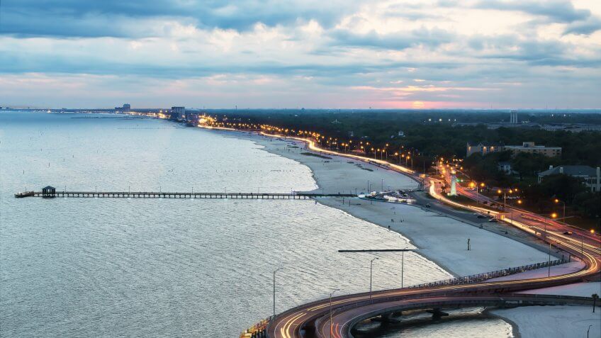 Biloxi beach at sunset looking west from intersection of Hwy 90 and I110.