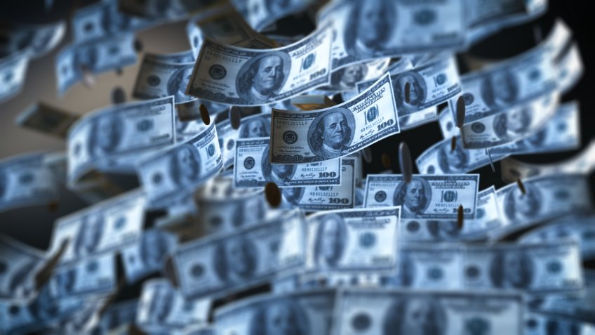 money american hundred dollar bills and coins.