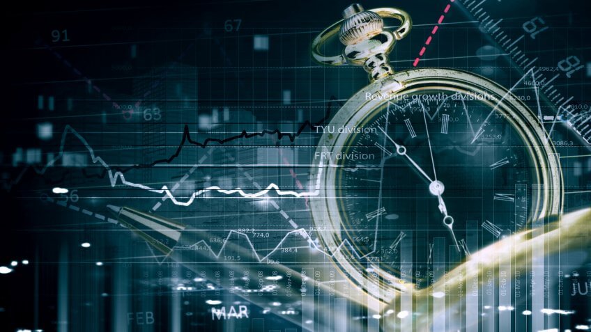 Pocket watch and business concepts on digital background.