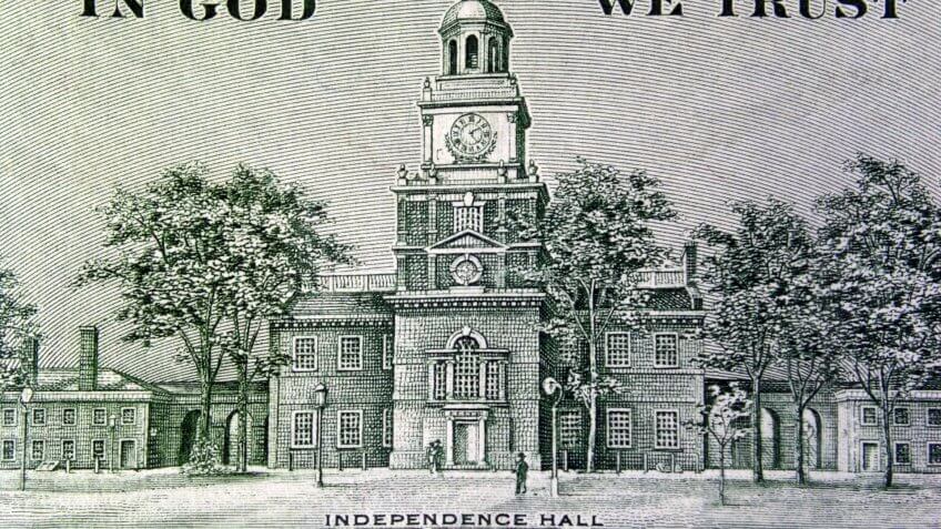 Closeup of the Independence Hall on the US Hundred Dollar bill.