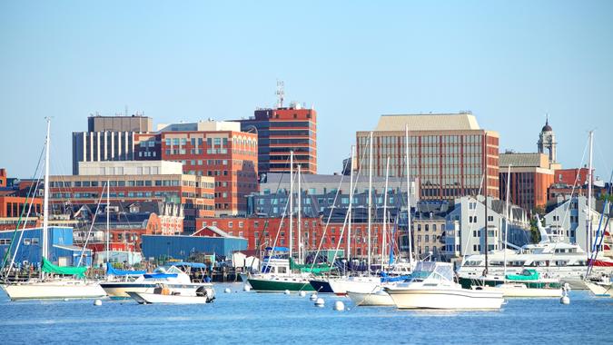 Portland Harbor and skyline at the western end of Casco Bay.