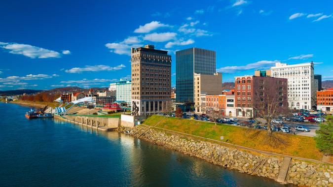 Charleston, West Virginia skyline with the Kanawha River in the foreground and a blue sky with clouds.