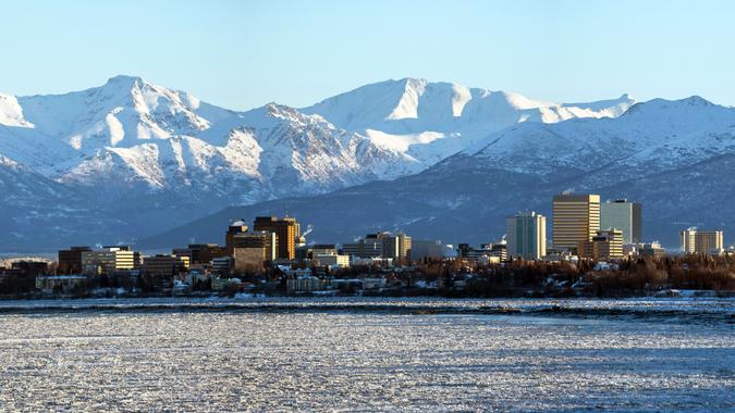 Anchorage, Alaska skyline shortly after sunrise.