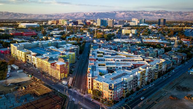 Drone photo of sunset over downtown San Jose in California.