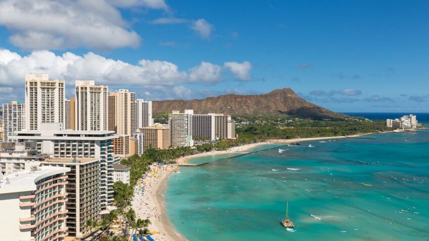 Scenic view of Honolulu city and Waikiki Beach; Hawaii, USA. Scenic view of Honolulu city and Waikiki Beach; Hawaii, USA.