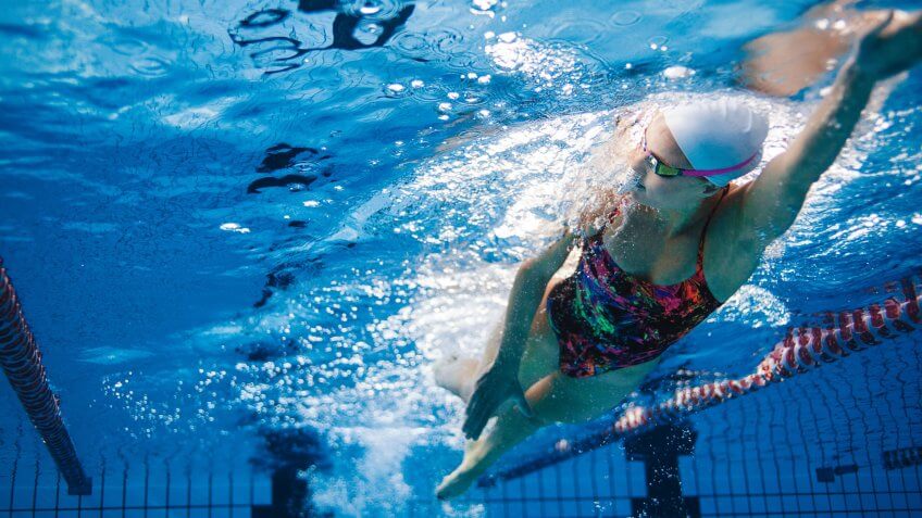 Underwater shot of fit swimmer training in the pool.