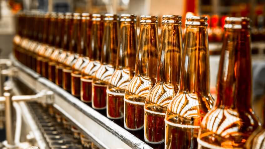 glass beverage bottles in a factory