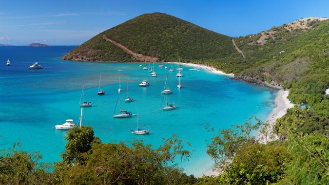 panoramic view of tropical shoreline in British Virgin Island (BVI), Caribbean.