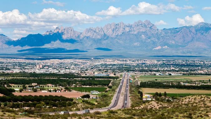 This scenic view shows the city of Las Cruces, New Mexico and the distant Organ Mountains.