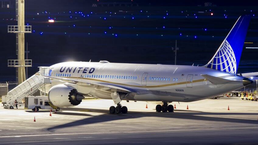 Boeing 787-8 Dreamliner of United Airlines parked at Guarulhos International Airport, Sao Paulo Brazil at night.