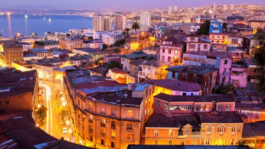 the historic quarter of Valparaiso, declared a UNESCO World Heritage Site in 2003, by night.