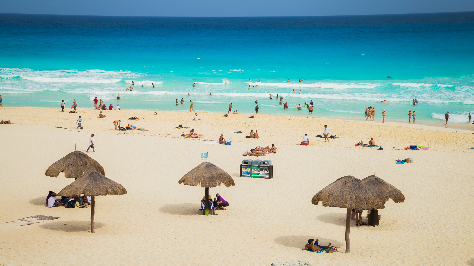 Cancun, Mexico - February 28, 2016: The Zona Hotelera, a long, beachfront strip of high-rise hotels.