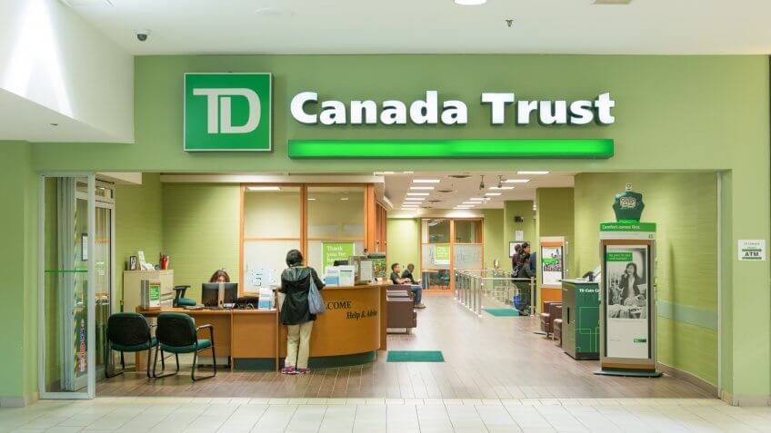 TORONTO,CANADA-OCTOBER 8,2014: TD Bank branch entrance.