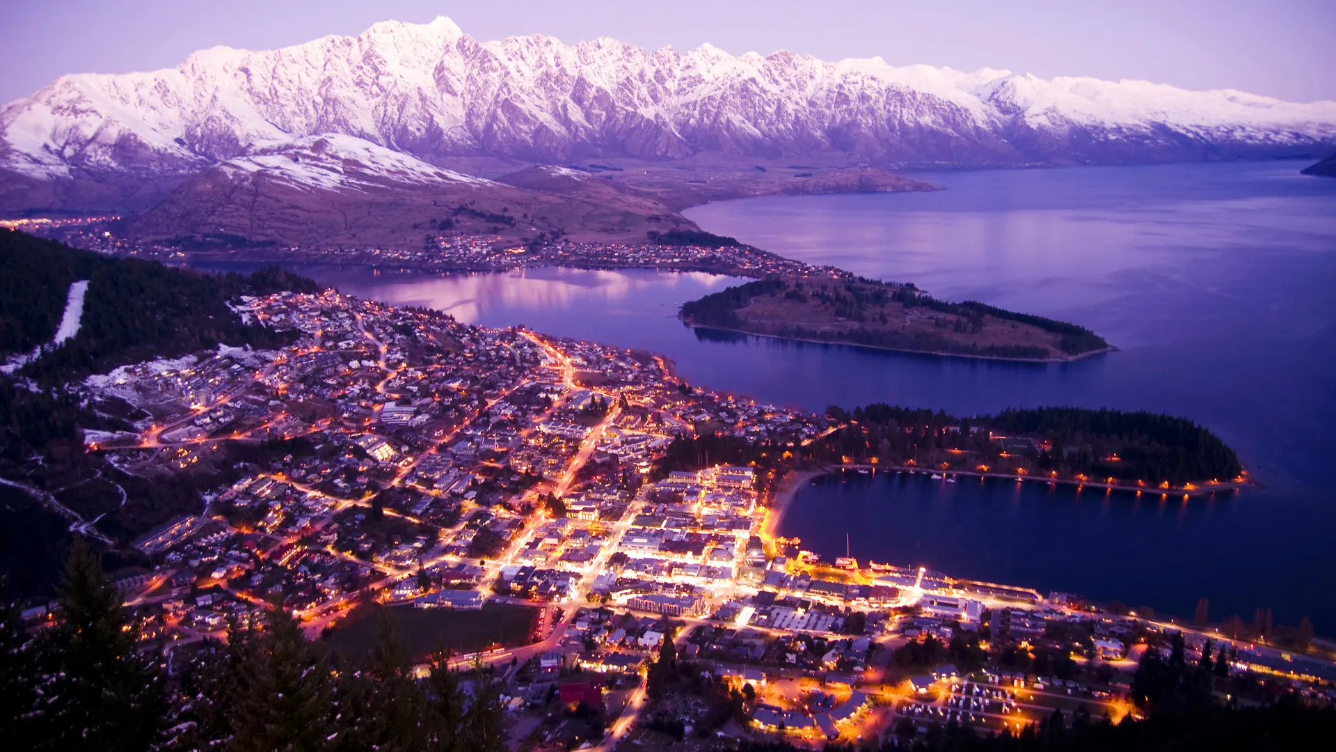 Aerial View of Queenstown with City Lights, New Zealand.