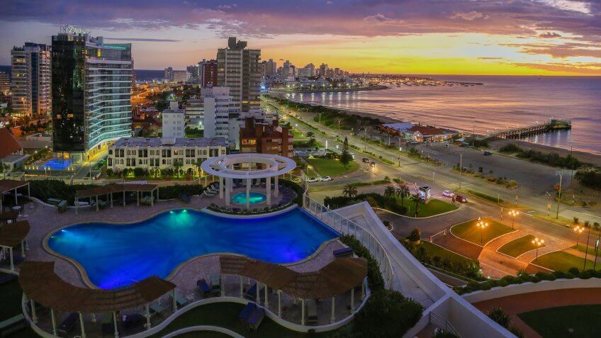 Aerial view over Punta Del Este and Atlantic Ocean on sunset.
