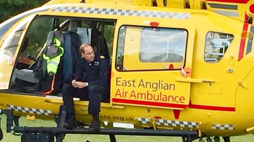 Prince William with the East Anglian Air Ambulance in a park on his last jobPrince William at work with East Anglian Air Ambulance, Royston, UK - 27 Jul 2017*Full story: https://www.
