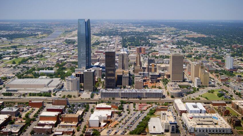 The aerial view of Oklahoma City, Oklahoma taken from a Robinson 44 helicopter with the door removed on August 15, 2014.