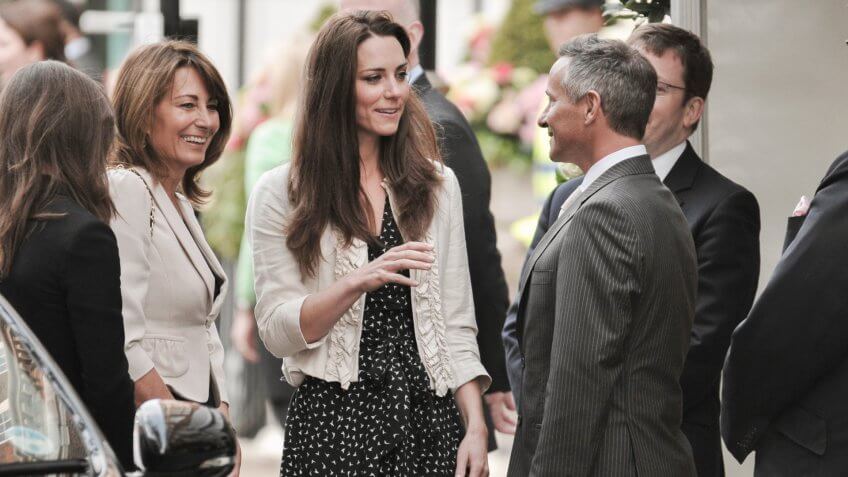 Kate Middleton (C) arrives with her mother Carole Middleton at the Goring Hotel on the evening before her wedding to Prince William on April 28, 2011 in London England.