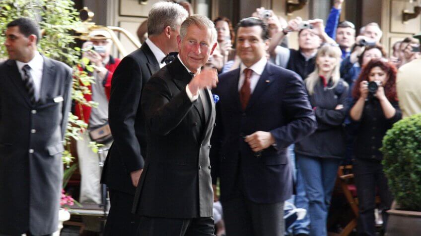 Prince Charles (Pronce of Whales) leaves the Hotel Adlon in Berlin Mitte during a journey through Germany by the British Crown Prince and his wife.