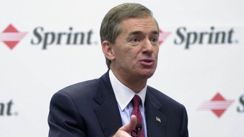 Gary Forsee, Sprint's chairman and chief executive officer, answers a reporter's question as he meets with the media after the annual meeting of the company's shareholders, in Overland Park, Kan.