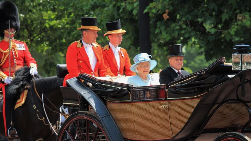 Queen Elizabeth II and Prince Philip appears in carriage during Trooping the Colour ceremony, to celebrate Queen Elizabeth 's Birthday on June 17, 2017 in London, England, UK.