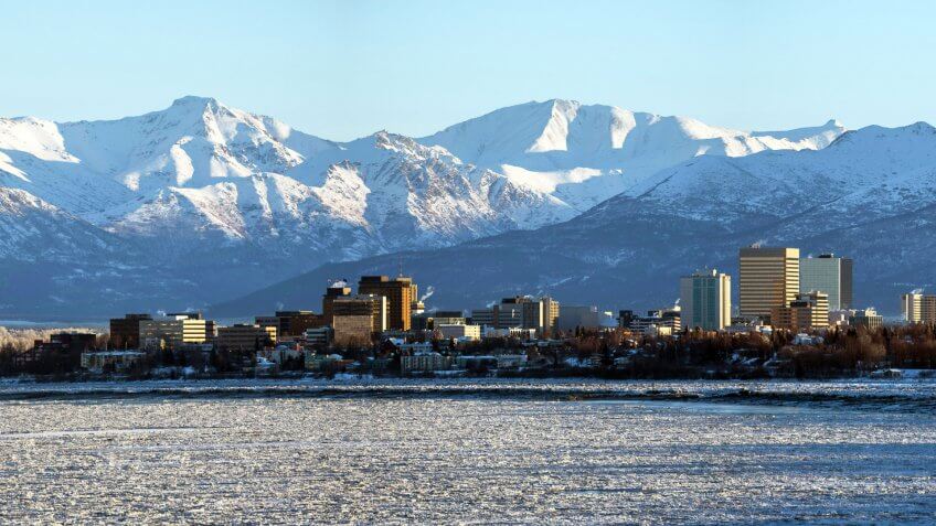 Anchorage, Alaska skyline shortly after sunrise.