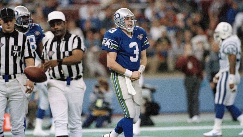 Mandatory Credit: Photo by Barry Sweet/AP/REX/Shutterstock (6511436a)Rick Mirer Seattle Seahawks quarterback, Rick Mirer (3) grimaces in pain after breaking his left thumb in the second quarter of play against the Indianapolis Colts in Seattle, Wash.