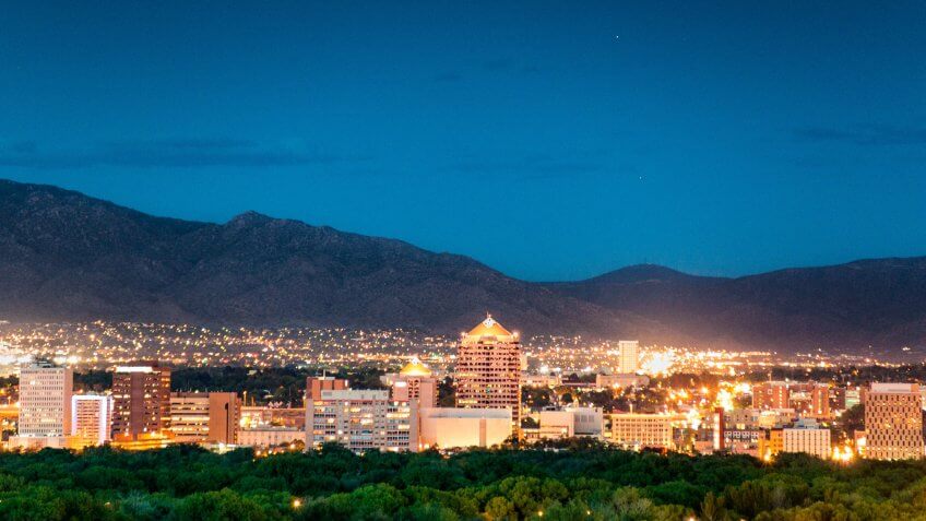 Panoramic image of Albuquerque Skyline at dusk.