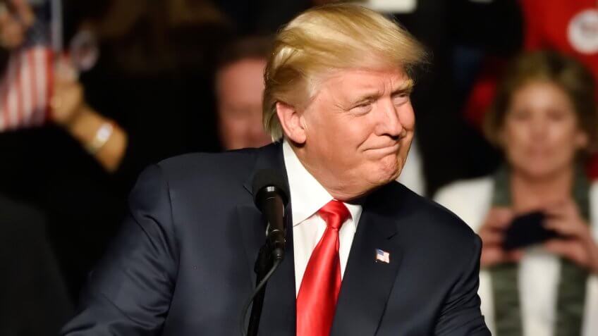 HERSHEY, PA - DECEMBER 15, 2016: President-Elect Donald Trump looks left toward the crowd as he delivers a speech at a "Thank You Tour" rally held at the Giant Center.