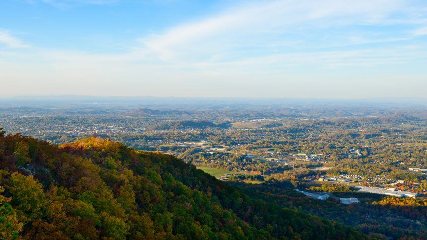 The view from Buffalo Mountain over the autumn landscape around Johnson City, Tennessee, a city of about 65,000 people.