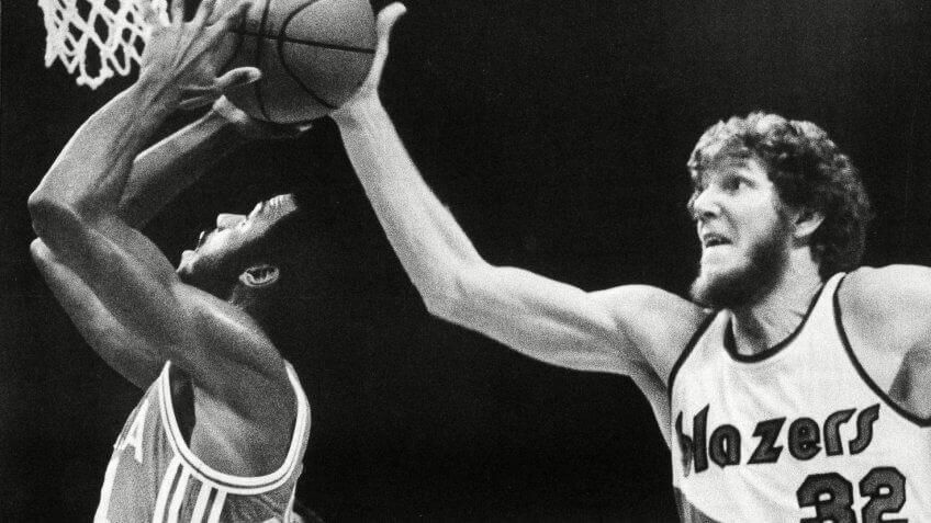Mandatory Credit: Photo by Jack Smith/AP/REX/Shutterstock (6612877a)Bill Walton, Armond Hill Trail Blazers' Bill Walton blocks a shot by Atlanta's Armond Hill during their game in Portland, OreTrail Blazers Walton, Portland, USA.