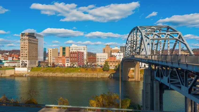 Charleston, West Virginia skyline, South Side Bridge, and the Kanawha River.