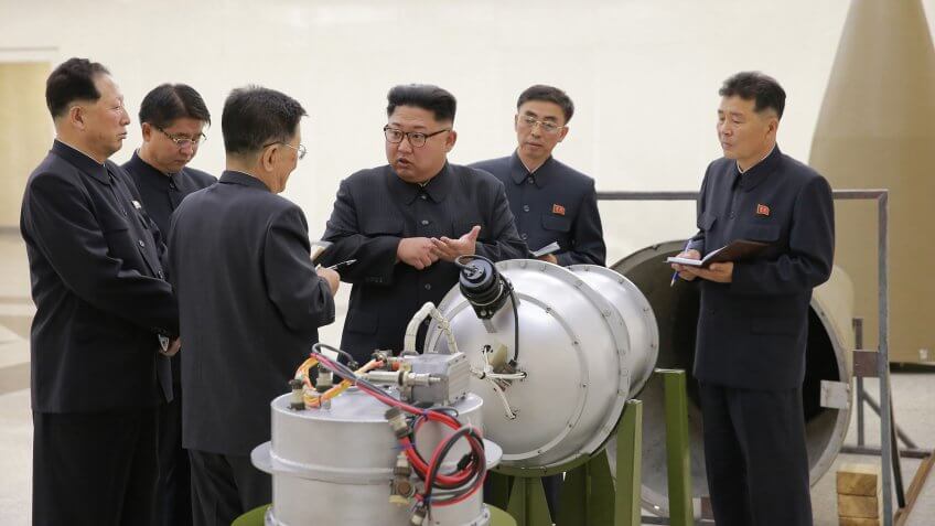 Kim Jong-un (3-R), chairman of the Workers' Party of Korea, chairman of the State Affairs Commission of the Democratic People's Republic of Korea (DPRK) and supreme commander of the Korean People's Army (KPA), purportedly guiding the work for nuclear weaponization on spot, at an undisclosed location, North KoreaNorth Korean leader Kim Jong-un gives guidance to nuclear weaponization of ICBM, Korea - 03 Sep 2017An undated photo released by the North Korean Central News Agency (KCNA), the state news agency of North Korea, on 03 September 2017 shows Kim Jong-un (3-R), chairman of the Workers' Party of Korea, chairman of the State Affairs Commission of the Democratic People's Republic of Korea (DPRK) and supreme commander of the Korean People's Army (KPA), purportedly guiding the work for nuclear weaponization on spot, at an undisclosed location, North Korea.
