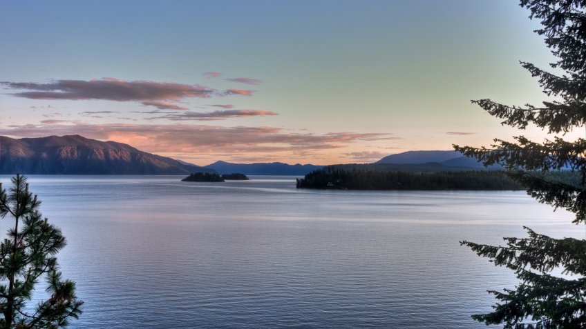 "Sunset on Pearl, Cottage and Warren Islands of Lake Pend Oreille, Idaho.