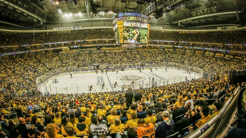Mandatory Credit: Photo by John Crouch/Cal Sport Media/CSM/REX/Shutterstock (8786985as)Penguins fans celebrate during the Washington Capitals and Pittsburgh Penguins Round 2 NHL playoff game at PPG Paints Arena in Pittsburgh, PA.