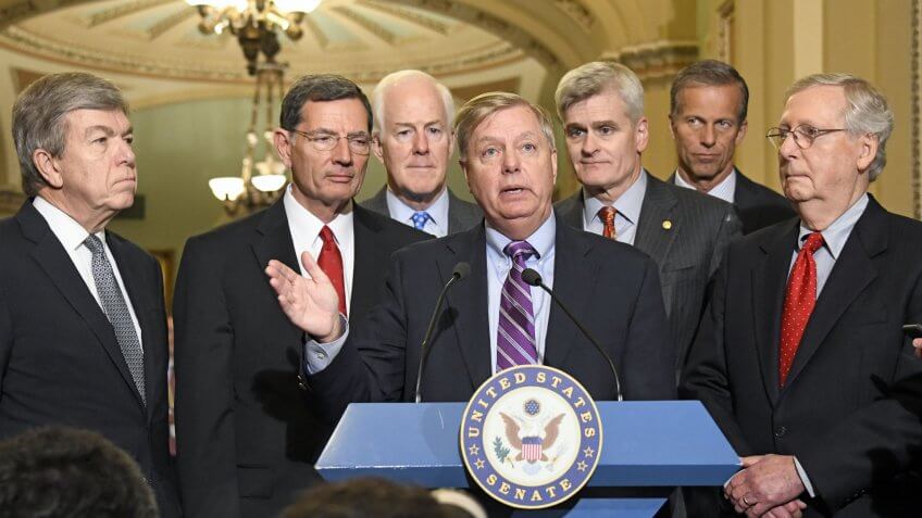 United States Senator Lindsey Graham (Republican of South Carolina) speaks to reporters outside the US Senate Chamber following the Republican weekly luncheon caucus in the US Capitol.