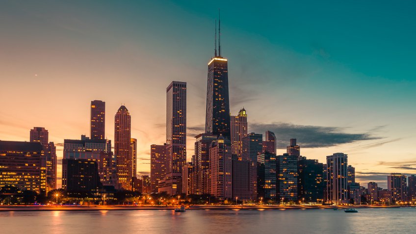 Chicago Downtown against at dusk with light leaks.