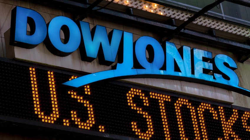 New York, USA - July 29, 2016: The illuminated Dow Jones sign in times square late in the night as the latest news streams on the led board.