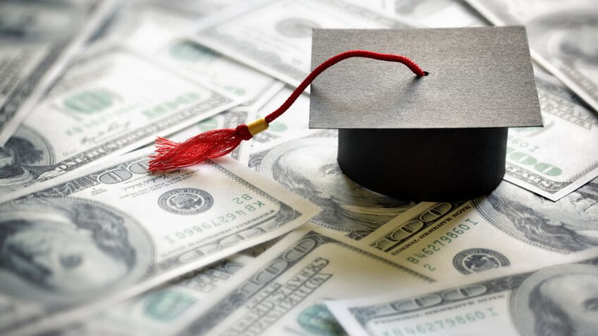 mortarboard on top of $100 bills as a student loan concept