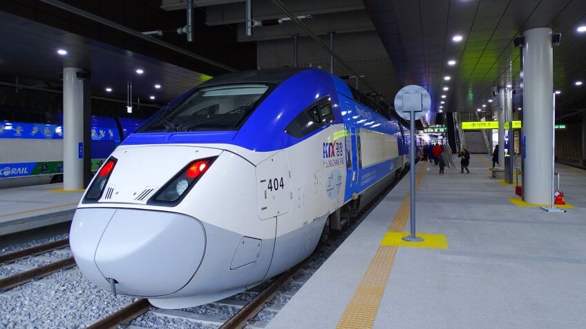 Gangneung, South Korea, January 5, 2018, A Ktx train is standing at the Gangneun KTX station which is newly opened ahead of the 2018 Pyeongchang Winter Olympic Games.