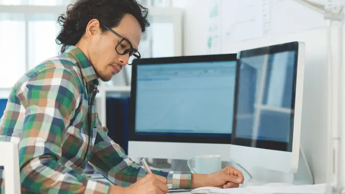 MAN, computers, researching, working