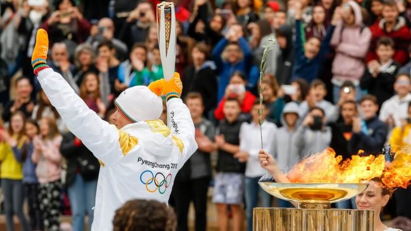 Athens, Greece - Oct 31,2017: The Olympic flame was handed to organizers of the Pyeongchang (South Korean) Winter Olympics Feb.