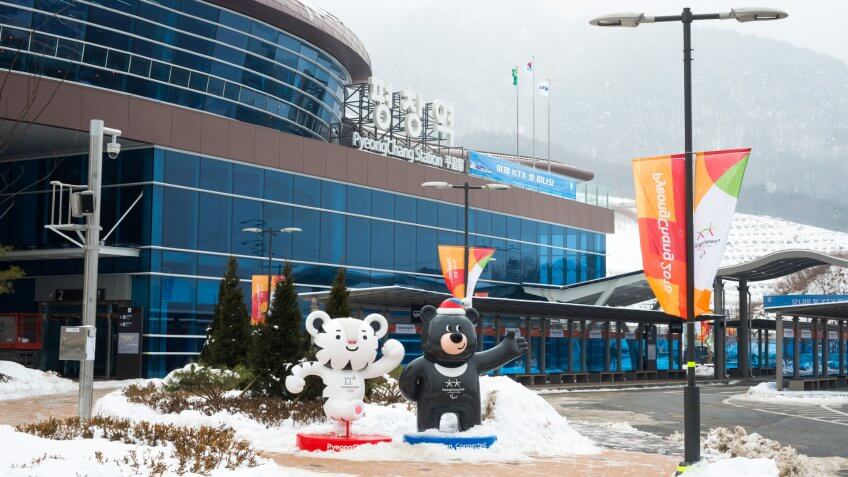 PyeongChang, South Korea - Dec 30, 2017 PyeongChang Station with PyeongChang Winter Olympic Mascots, white tiger Soohorang and black bear Bandabi.
